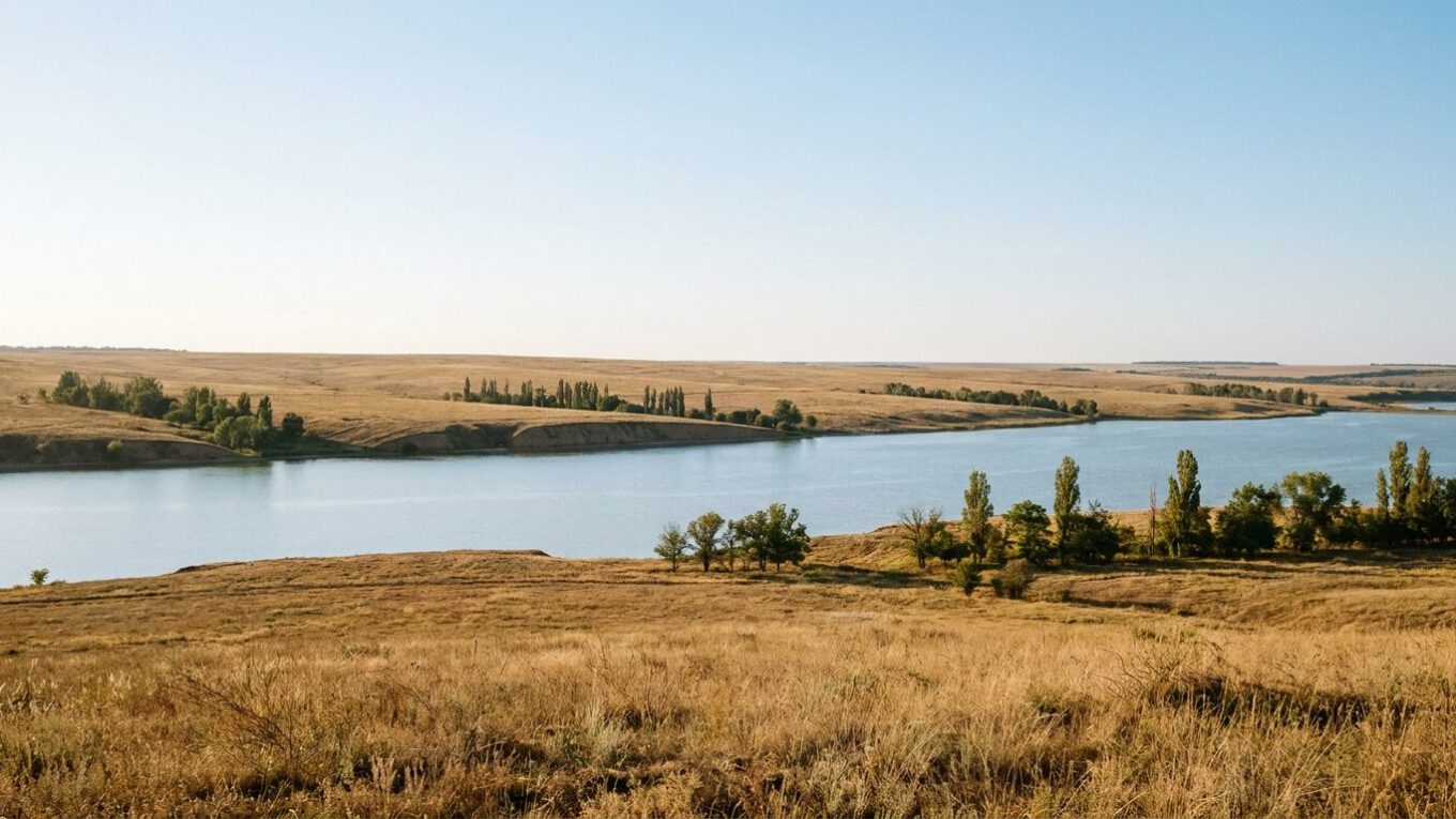 Степное водохранилище среди выгоревших холмов и рядов тополей