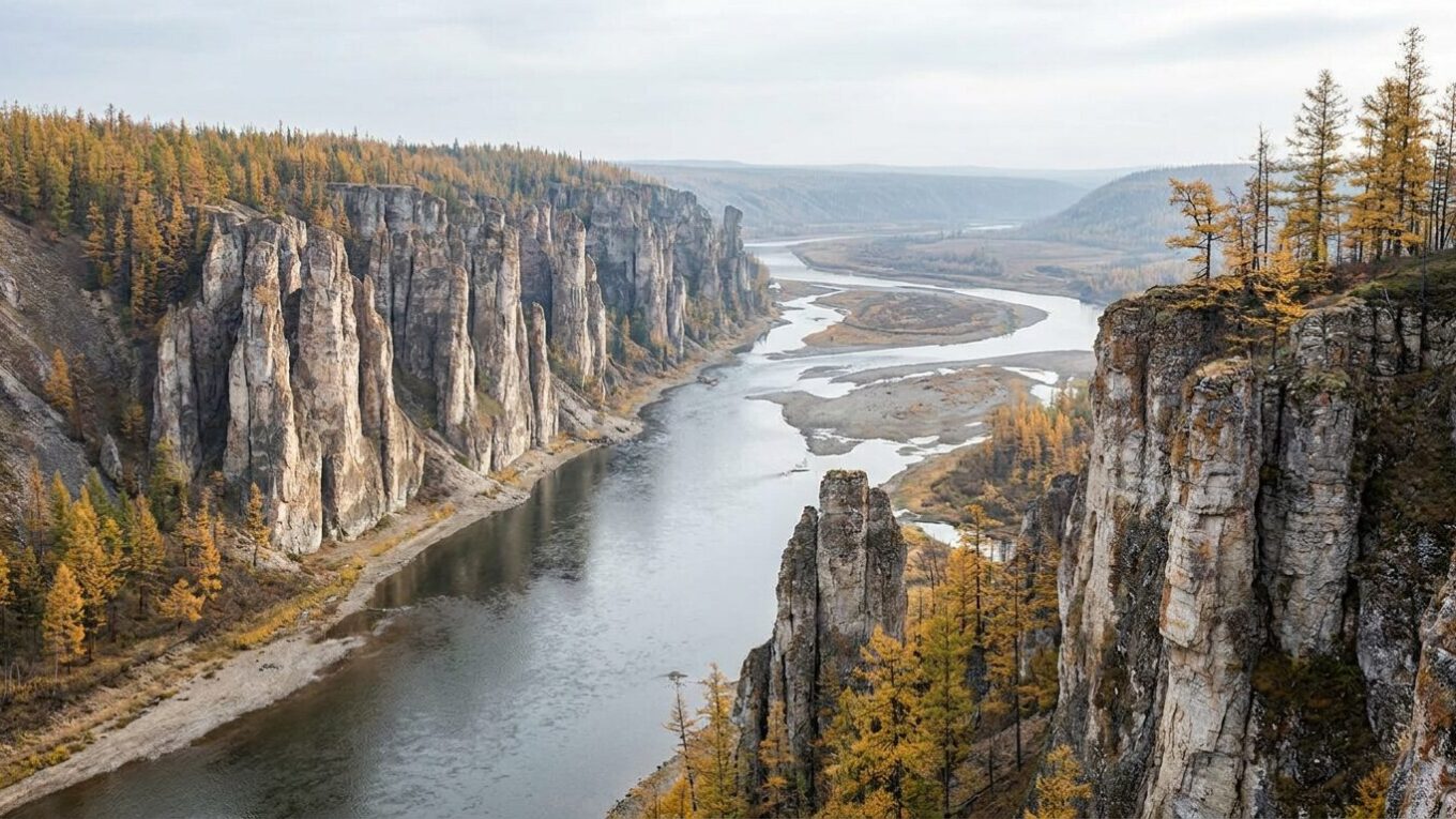 Каменные столбы над рекой и жёлтая лиственничная тайга