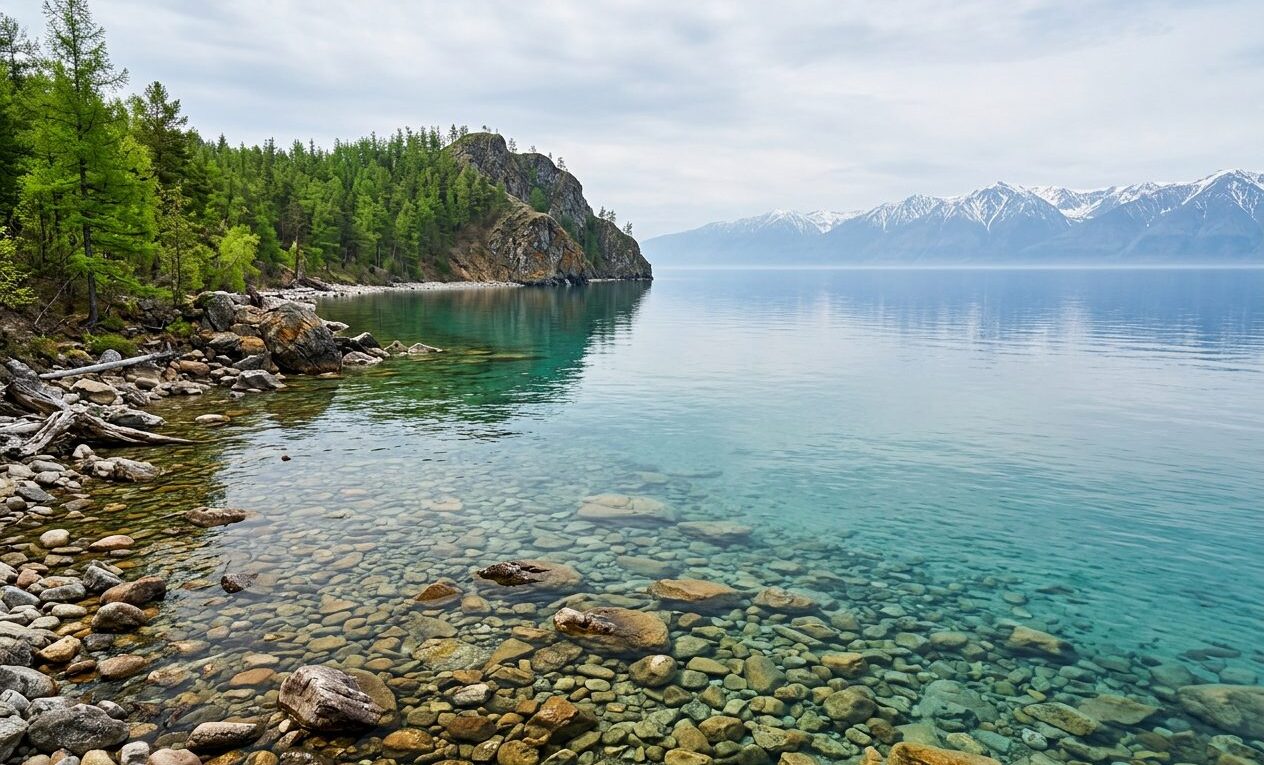 Берег Байкала: прозрачная вода над окатанными камнями, скалистый мыс и таёжные сопки на дальнем берегу