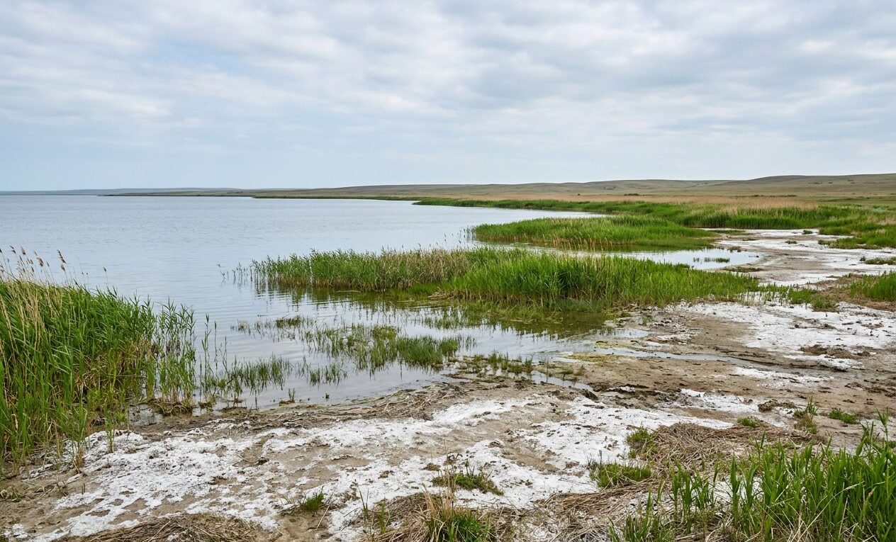 Маныч: мелководное солоноватое водохранилище в плоской степи, тростниковые пояса, деревьев нет