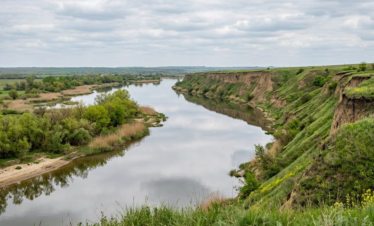 Нижний Дон в Ростовской области: высокий обрывистый правый берег и низкий песчаный левый с ивняком