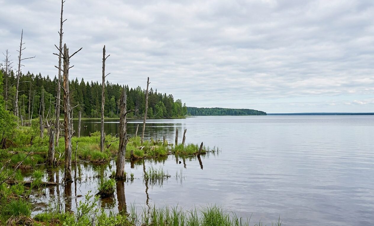 Рыбинское водохранилище: открытая вода до горизонта, затопленный берег с сухими стволами и ельник